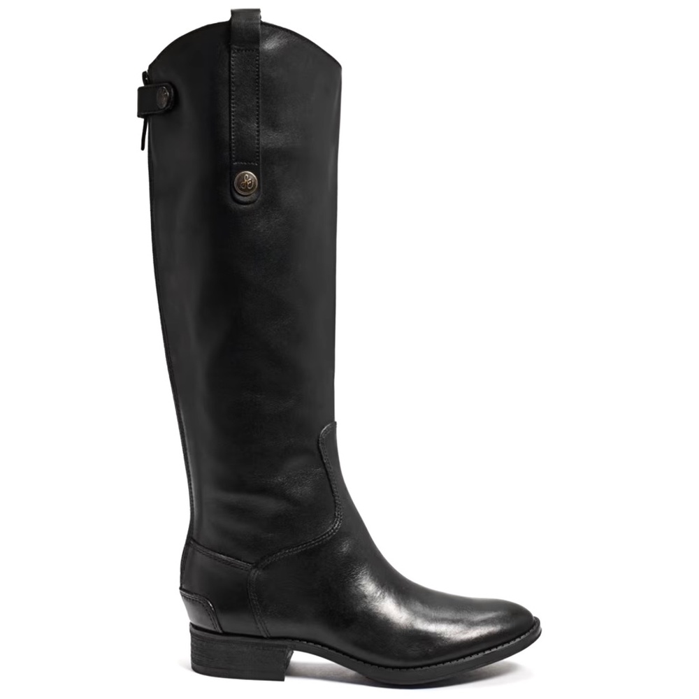 Sam Edelman Penny Knee-High Black Leather Riding Boots Block Heel Almond Toe - Picture 4 of 16
